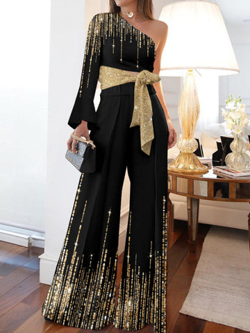 Airchics combinaisons brillante paillette ceinture épaule asymétrique femme mode